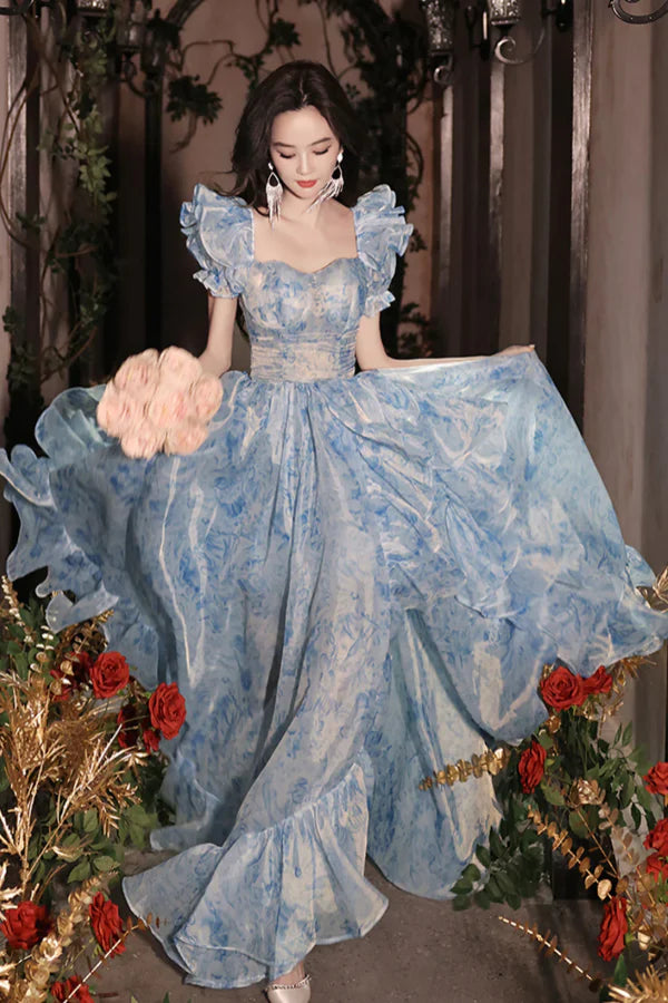 Romantic A-Line Sweetheart Floral-Printed Light Blue Organza Prom Dresses