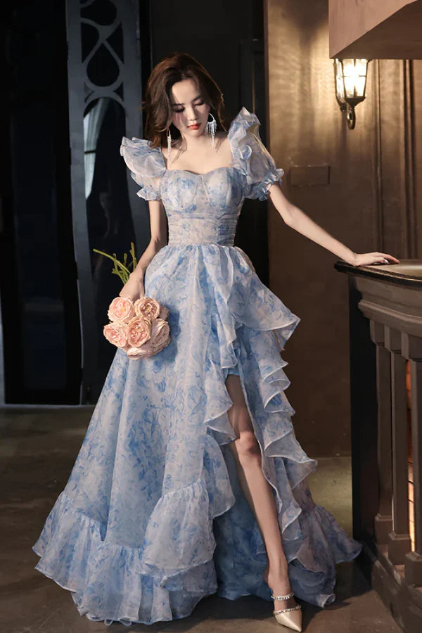 Romantic A-Line Sweetheart Floral-Printed Light Blue Organza Prom Dresses