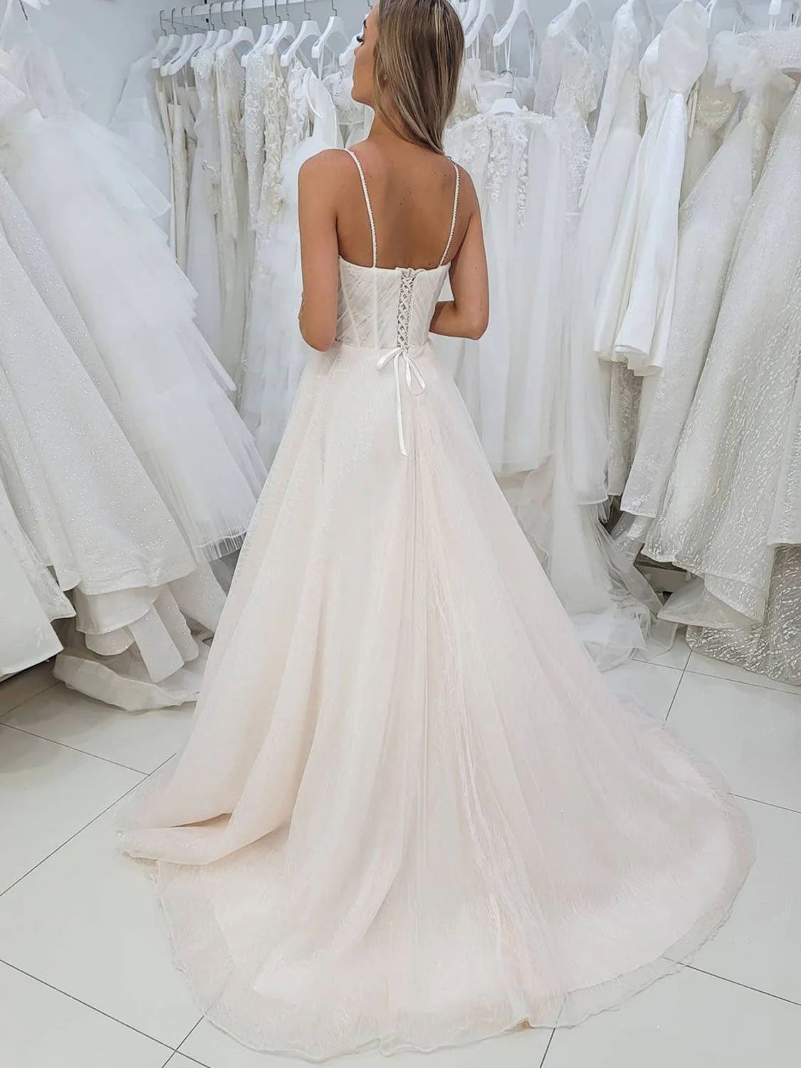 Romantic A-Line Sweetheart Lace Blush Pink Floor-Length Prom Dress