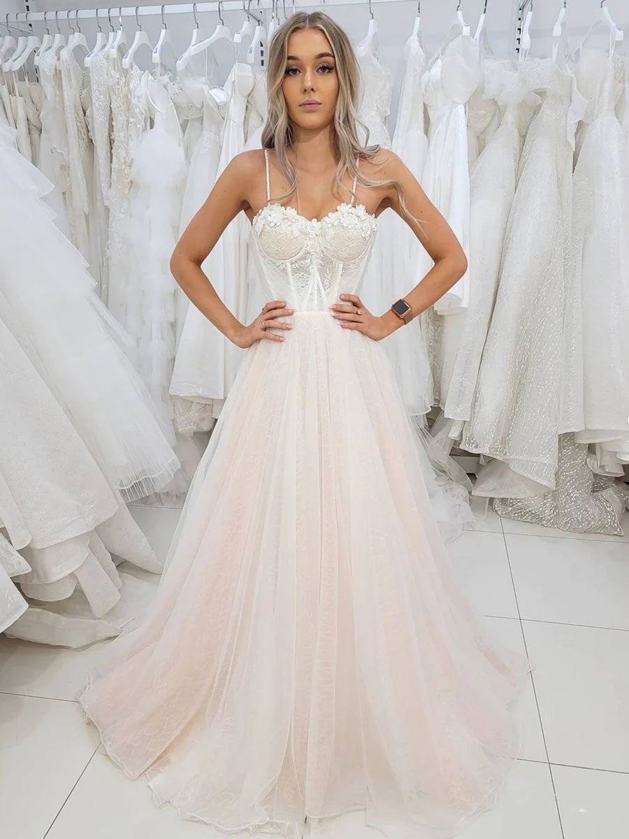 Romantic A-Line Sweetheart Lace Blush Pink Floor-Length Prom Dress