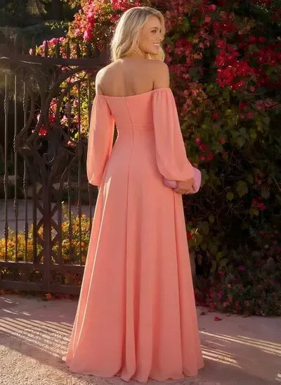 Romantic A-Line Sweetheart Long Sleeves Peach Floor-Length Prom Dress With Slit