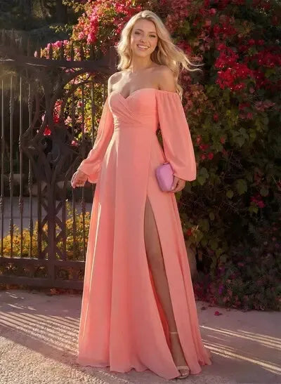 Romantic A-Line Sweetheart Long Sleeves Peach Floor-Length Prom Dress With Slit