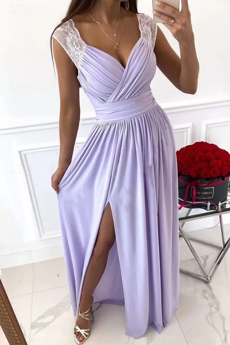 Romantic A-Line Sweetheart Neck Sleeveless Lace Lilac Maxi Prom Dress for Women Ready to Ship