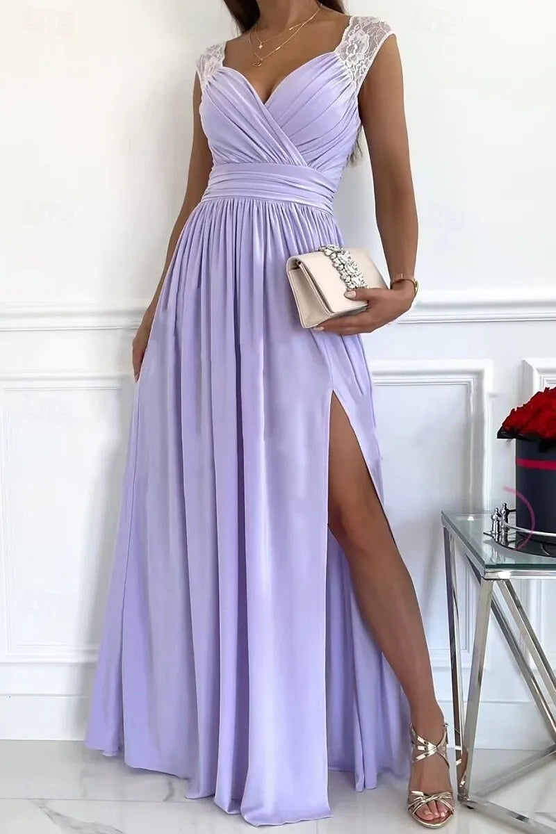 Romantic A-Line Sweetheart Neck Sleeveless Lace Lilac Maxi Prom Dress for Women Ready to Ship