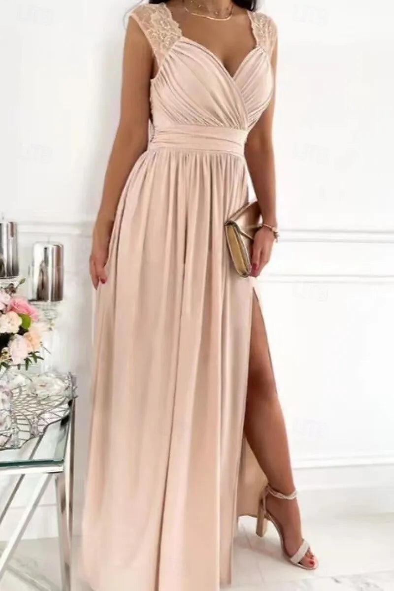 Romantic A-Line Sweetheart Neck Sleeveless Lace Lilac Maxi Prom Dress for Women Ready to Ship