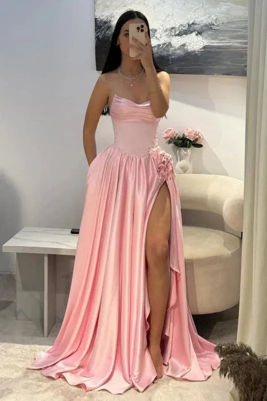 Romantic A-Line Strapless Sleeveless Beaded Baby Pink Maxi Prom Dress for Women Custom