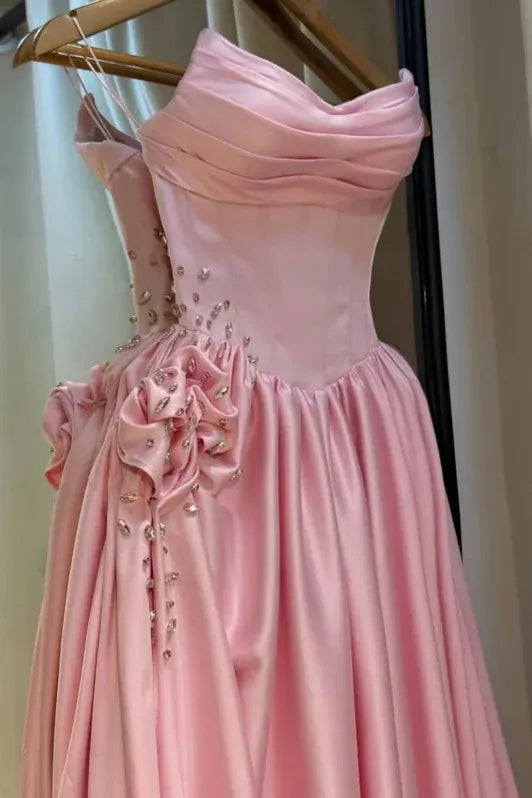 Romantic A-Line Strapless Sleeveless Beaded Baby Pink Maxi Prom Dress for Women Custom