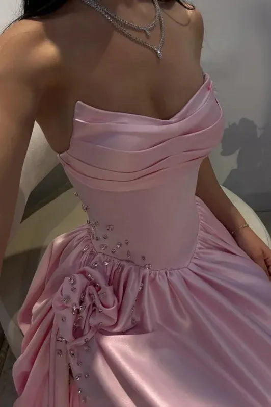 Romantic A-Line Strapless Sleeveless Beaded Baby Pink Maxi Prom Dress for Women Custom