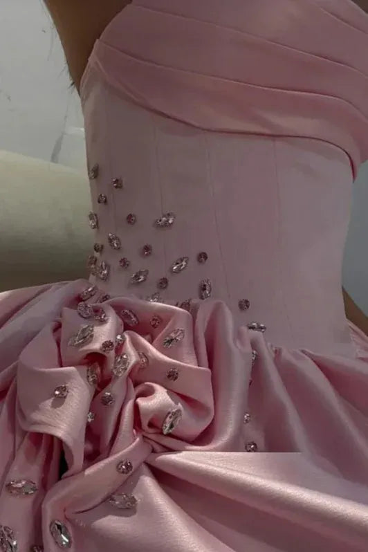 Romantic A-Line Strapless Sleeveless Beaded Baby Pink Maxi Prom Dress for Women Custom