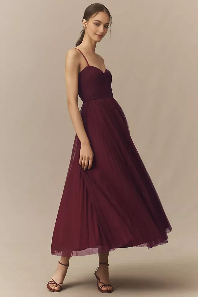 Romantic A-Line Sweetheart Neck Spaghetti Strap Back Zip Ankle Length Ruffled Prom Dresses