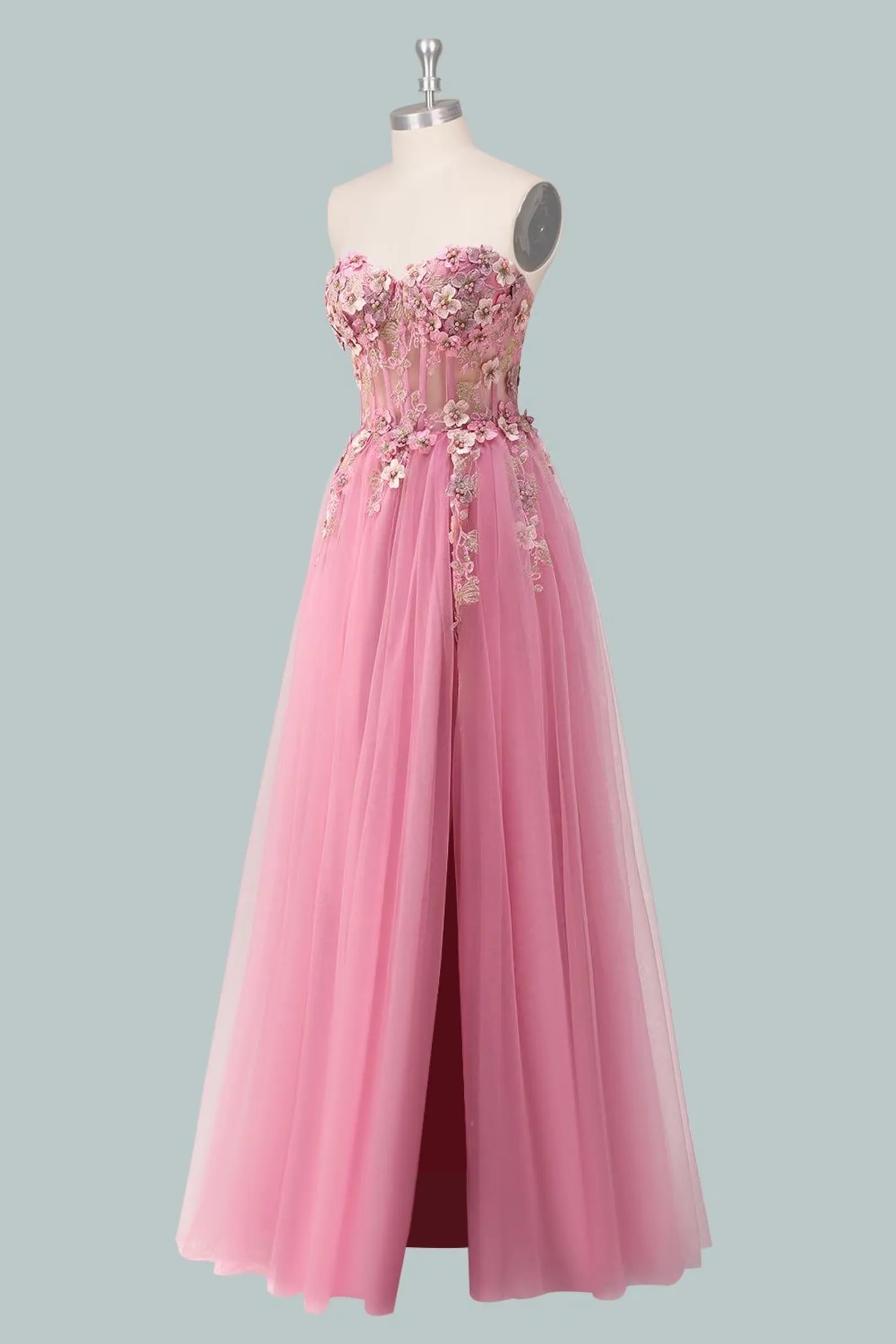 Romantic A-Line Sweetheart Strapless Floral-Appliqued Pink Floor-Length Prom Dress For Women Ready To Ship