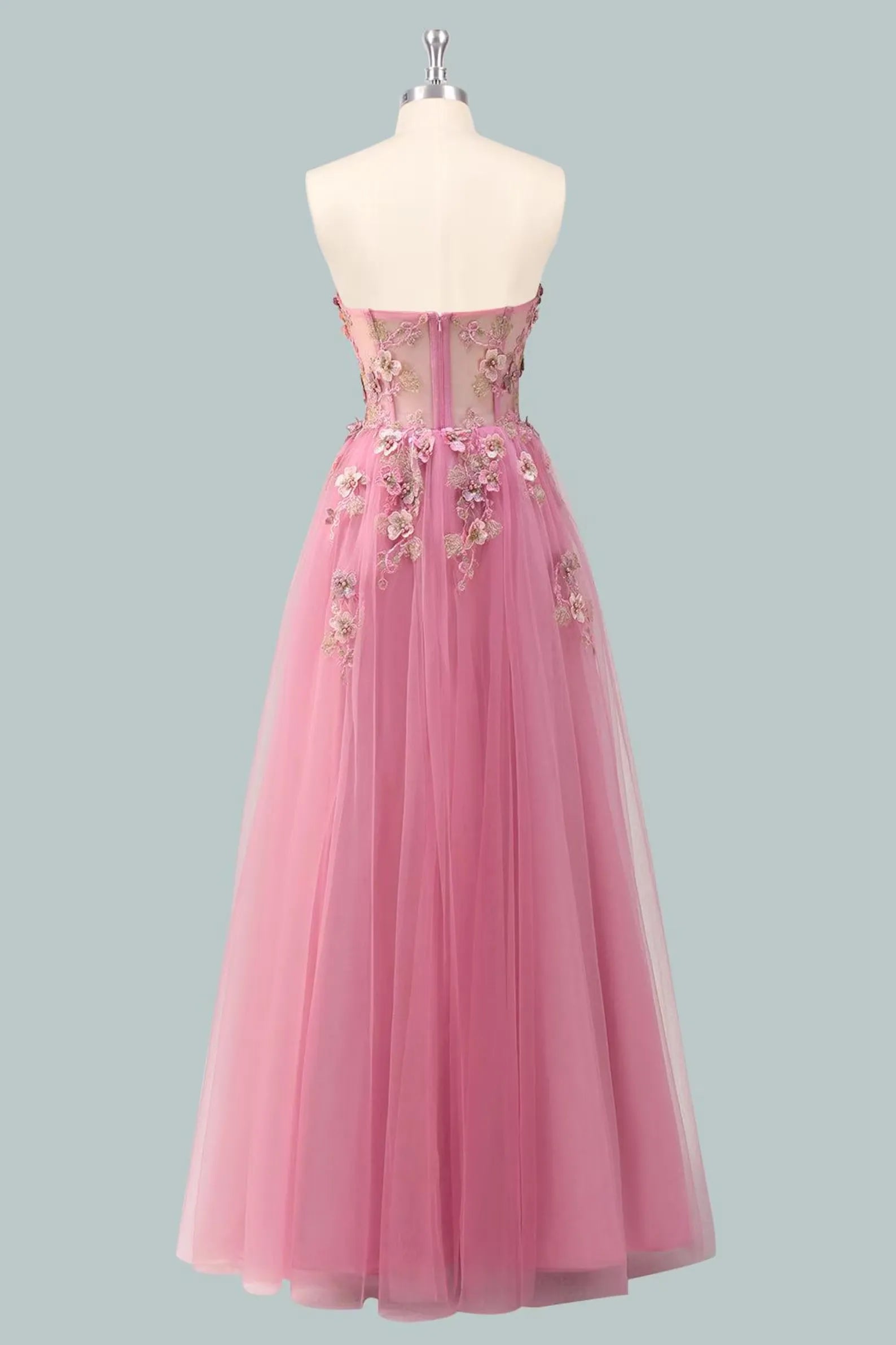 Romantic A-Line Sweetheart Strapless Floral-Appliqued Pink Floor-Length Prom Dress For Women Ready To Ship