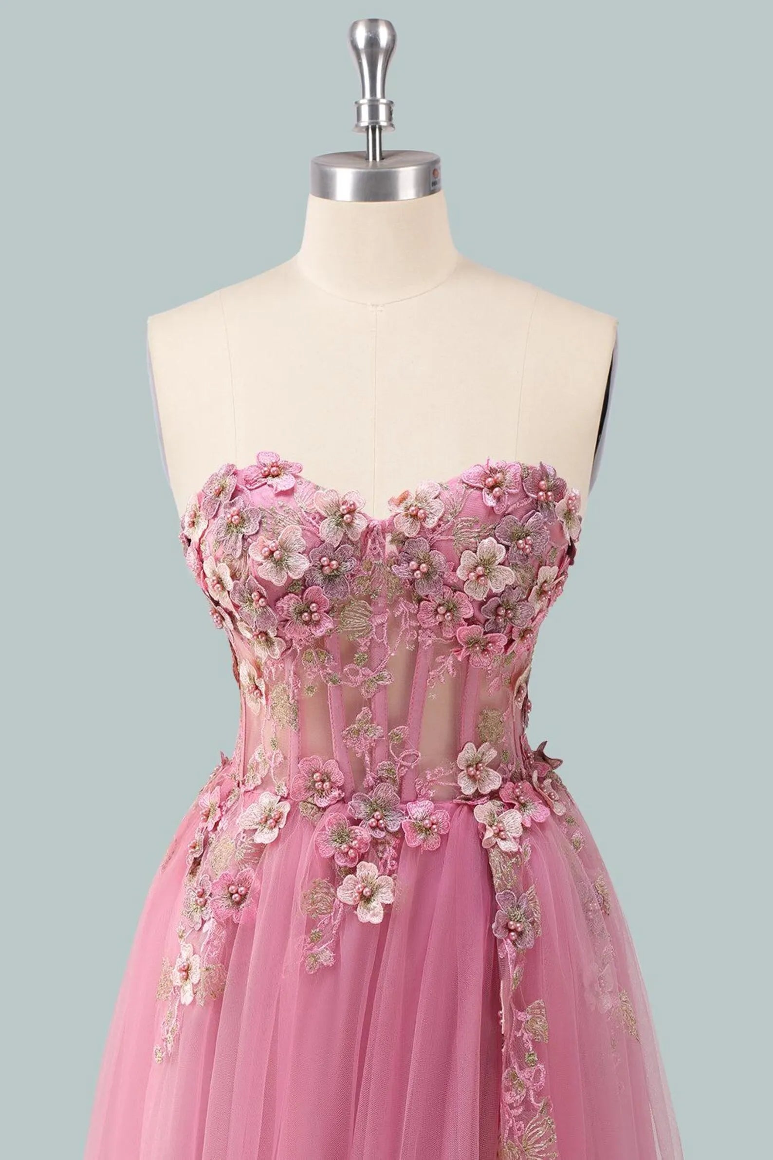 Romantic A-Line Sweetheart Strapless Floral-Appliqued Pink Floor-Length Prom Dress For Women Ready To Ship