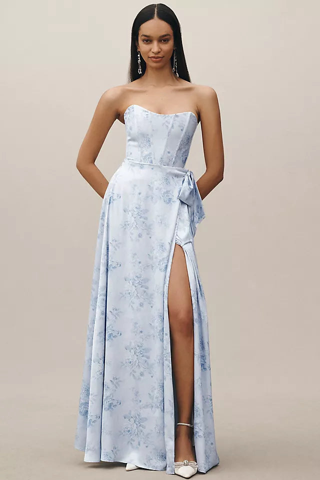 Romantic A-Line Sweetheart Strapless Floral-Print Lace Up Floor-Length Satin Prom Dress with Slit
