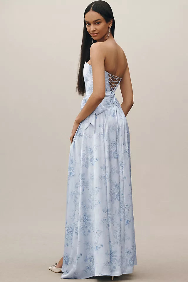 Romantic A-Line Sweetheart Strapless Floral-Print Lace Up Floor-Length Satin Prom Dress with Slit