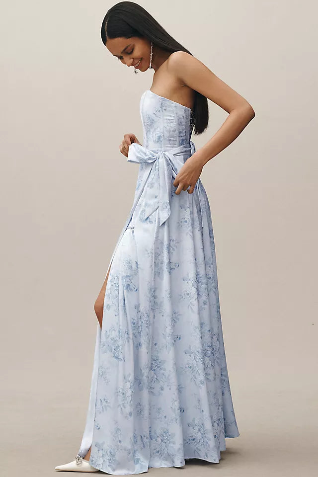 Romantic A-Line Sweetheart Strapless Floral-Print Lace Up Floor-Length Satin Prom Dress with Slit