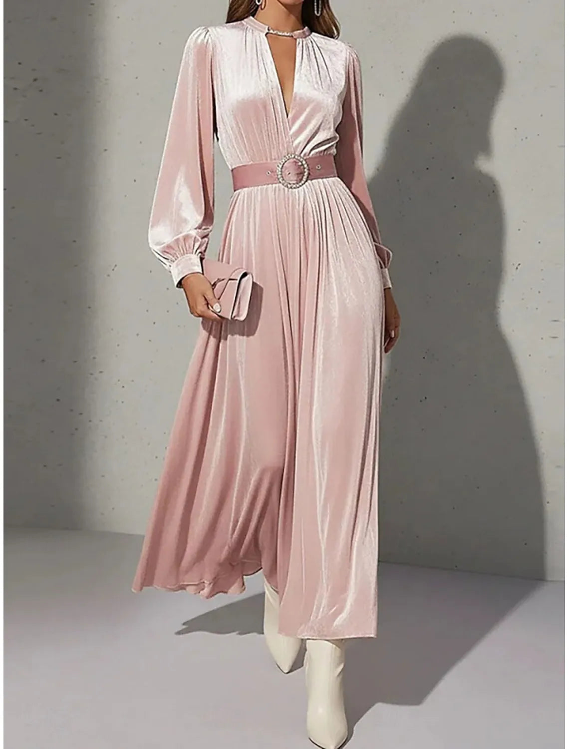 Romantic A-Line V-Neck Long Sleeve Blush Pink Maxi Prom Dress for Women Hot Sale