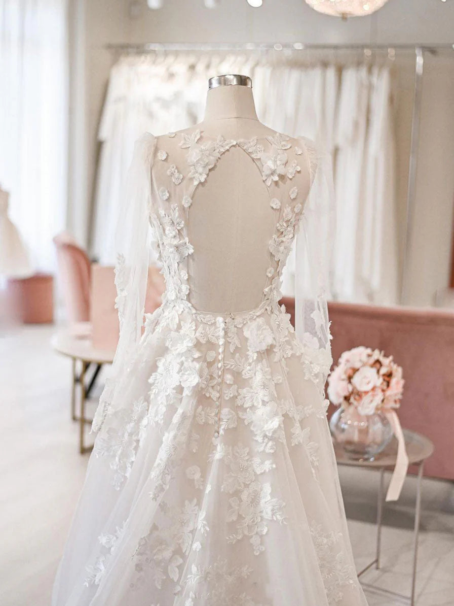 Romantic A-Line V-Neck Long Sleeve 3D-Floral Ivory Wedding Dress
