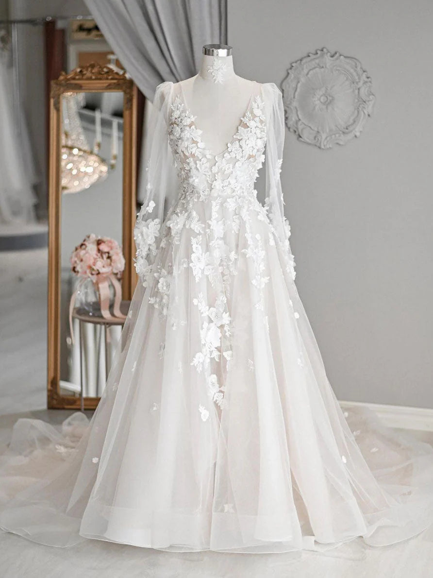 Romantic A-Line V-Neck Long Sleeve 3D-Floral Ivory Wedding Dress