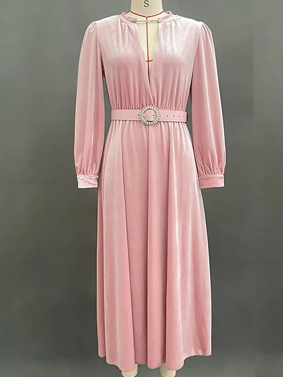 Romantic A-Line V-Neck Long Sleeve Blush Pink Maxi Prom Dress for Women Hot Sale