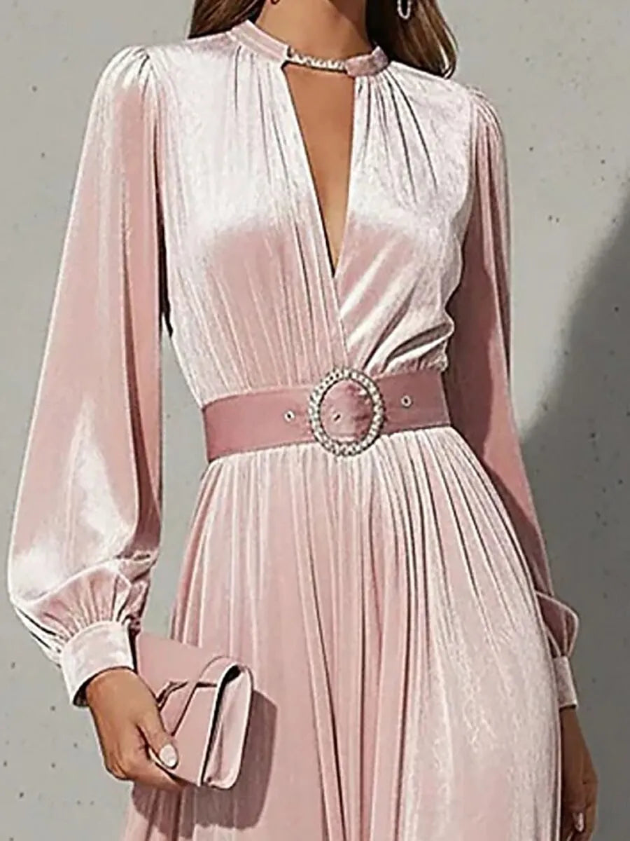 Romantic A-Line V-Neck Long Sleeve Blush Pink Maxi Prom Dress for Women Hot Sale