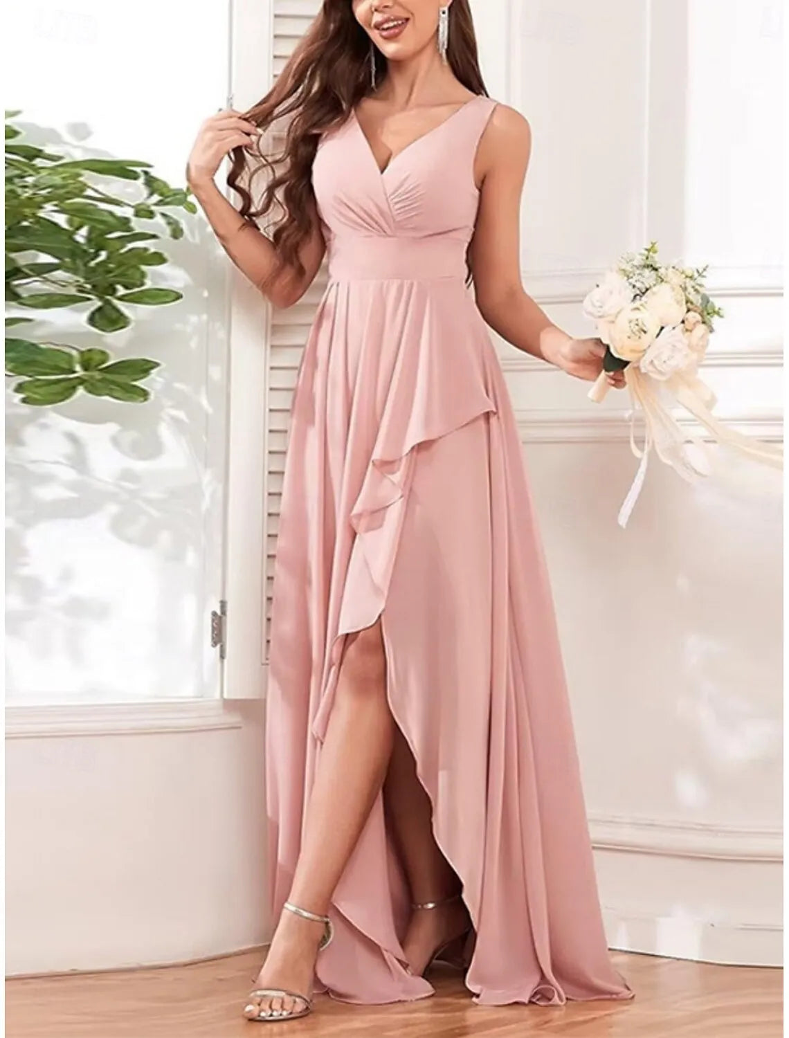 Romantic A-Line V-Neck Sleeveless Ruffled Blush Pink Maxi Prom Dress for Women Ready to Ship