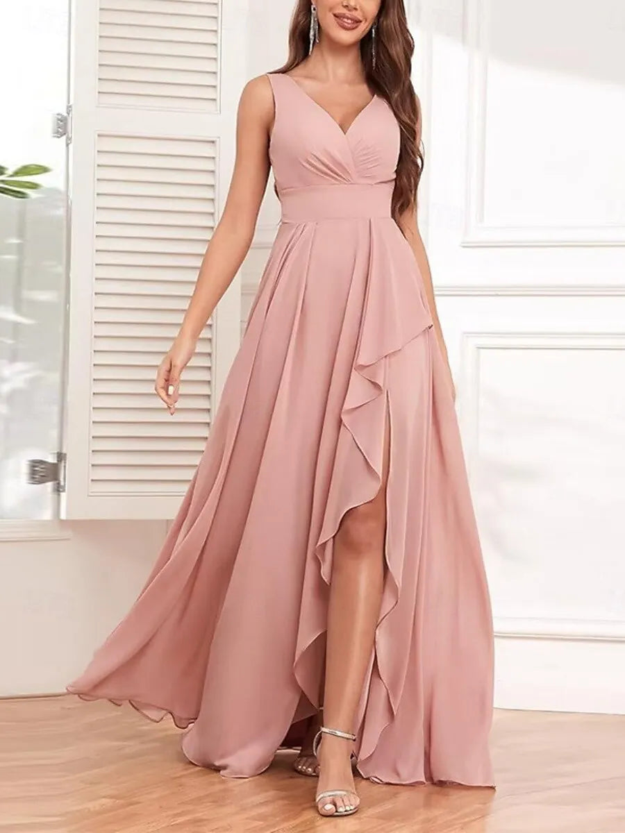 Romantic A-Line V-Neck Sleeveless Ruffled Blush Pink Maxi Prom Dress for Women Ready to Ship