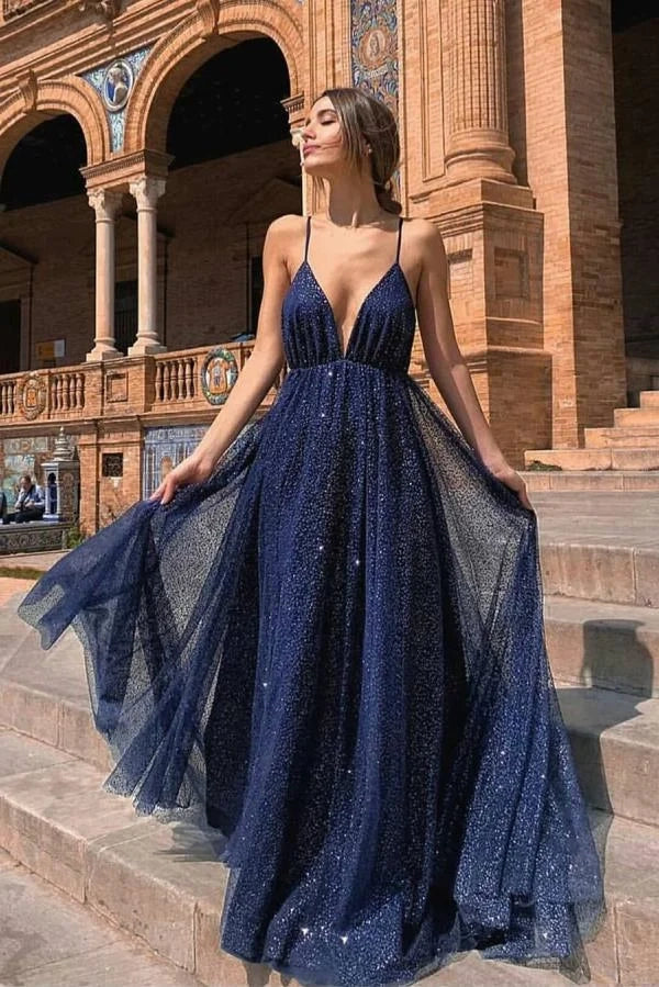 Romantic A-Line V-Neck Spaghetti Strap Navy Blue Tulle Maxi Prom Dress