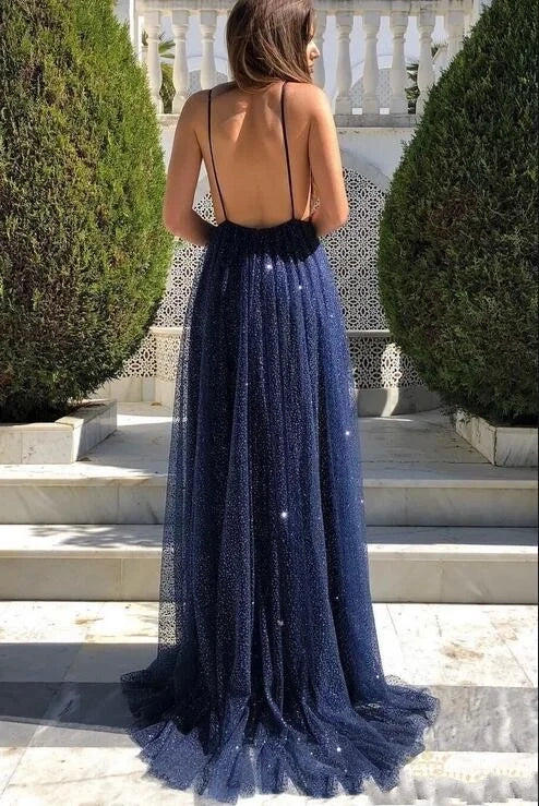 Romantic A-Line V-Neck Spaghetti Strap Navy Blue Tulle Maxi Prom Dress