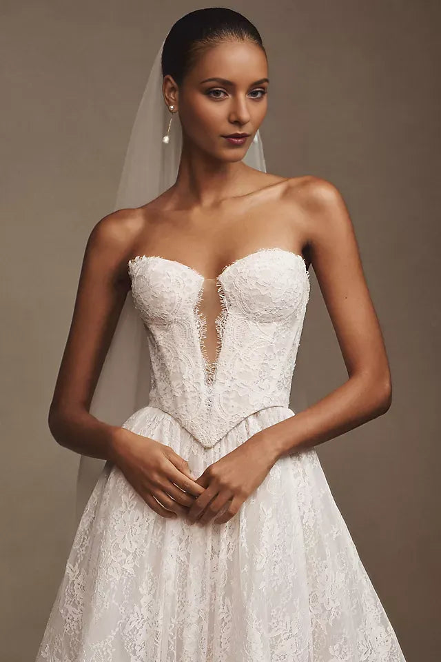Romantic A-Line V-neckline Sleeveless Lace-Up Back Sweep/Brush Train Wedding Dresses