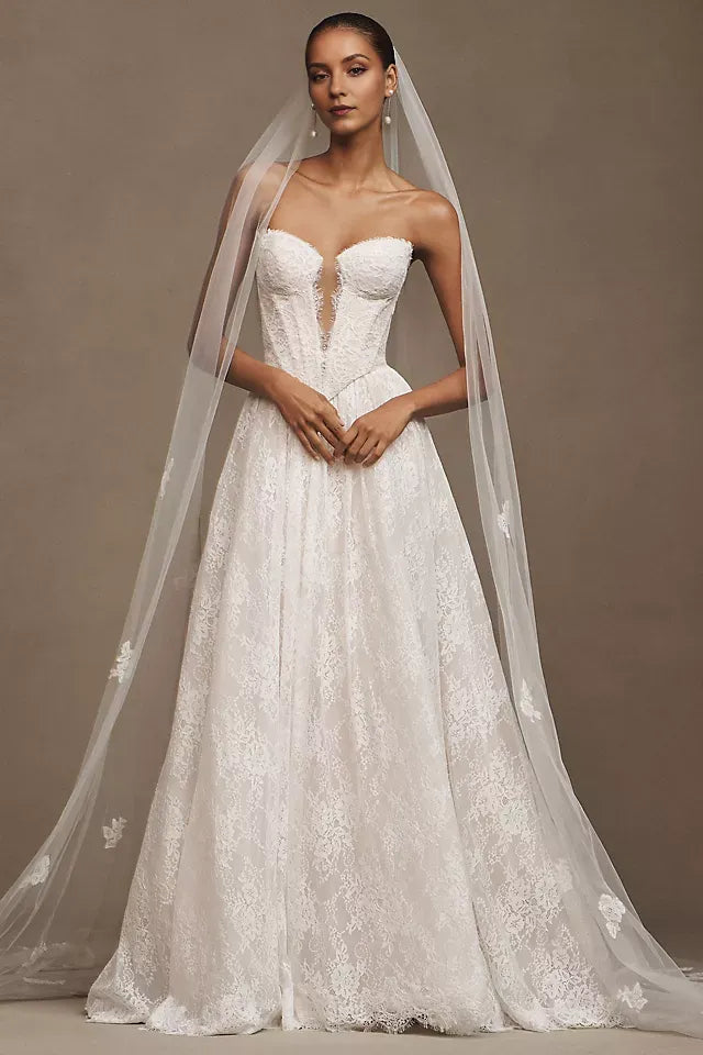 Romantic A-Line V-neckline Sleeveless Lace-Up Back Sweep/Brush Train Wedding Dresses