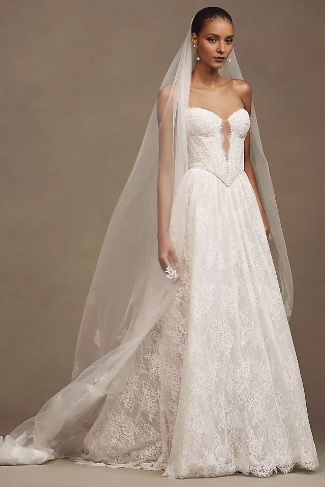 Romantic A-Line V-neckline Sleeveless Lace-Up Back Sweep/Brush Train Wedding Dresses