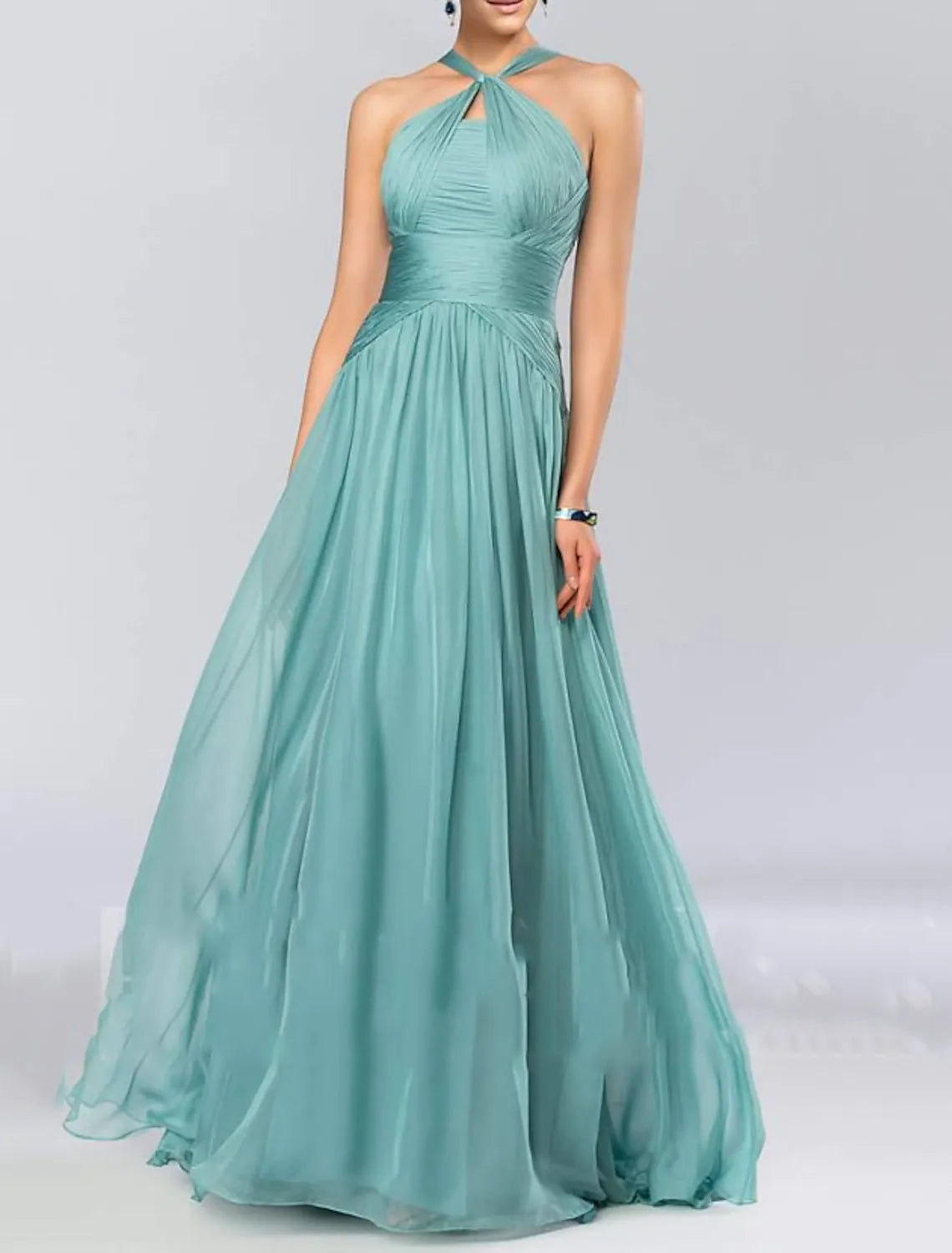 Romantic A-line Halter Neck Sleeveless Ruched Sage Green Maxi Prom Dress Ready to Ship