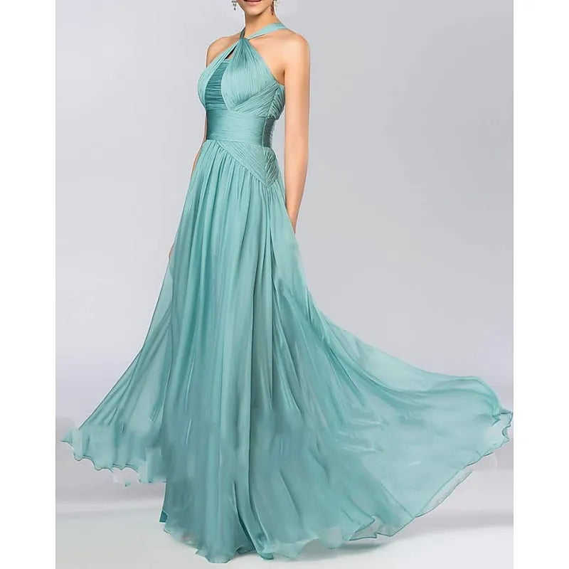 Romantic A-line Halter Neck Sleeveless Ruched Sage Green Maxi Prom Dress Ready to Ship