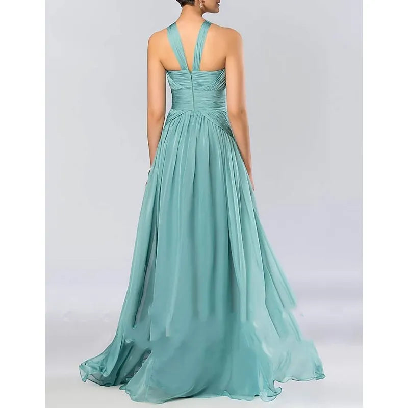 Romantic A-line Halter Neck Sleeveless Ruched Sage Green Maxi Prom Dress Ready to Ship