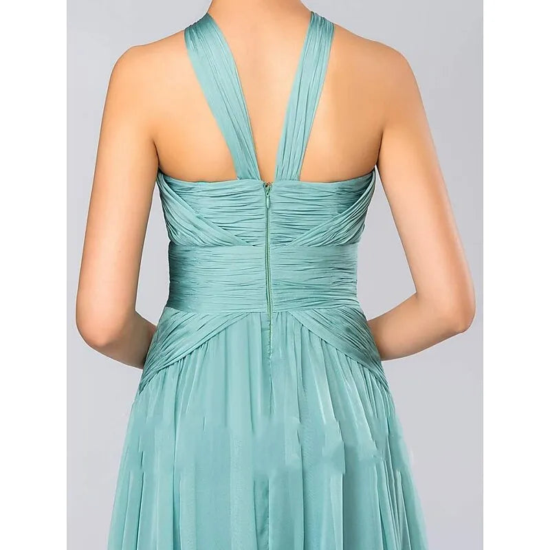 Romantic A-line Halter Neck Sleeveless Ruched Sage Green Maxi Prom Dress Ready to Ship