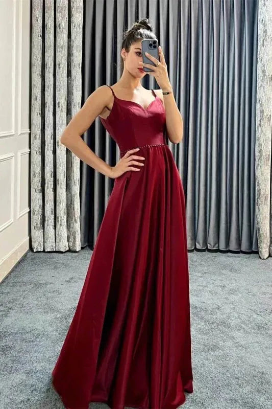 Romantic A-line Sweetheart Sleeveless Beaded Burgundy Floor-length Prom Dress for Women Ready to Ship
