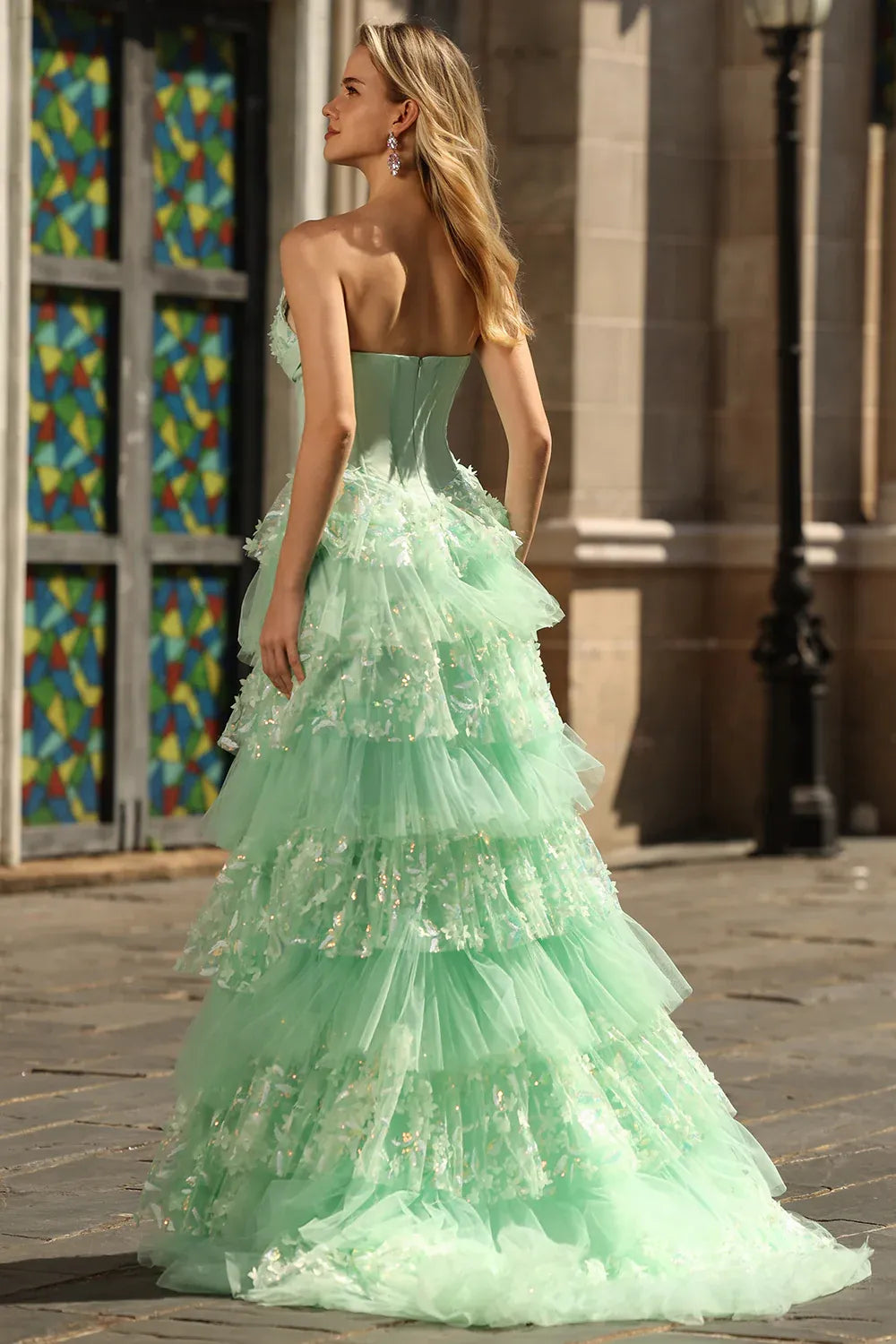 Romantic A Line Strapless Bow Tiered Tulle Sequin Mint Train Prom Dress With Slit