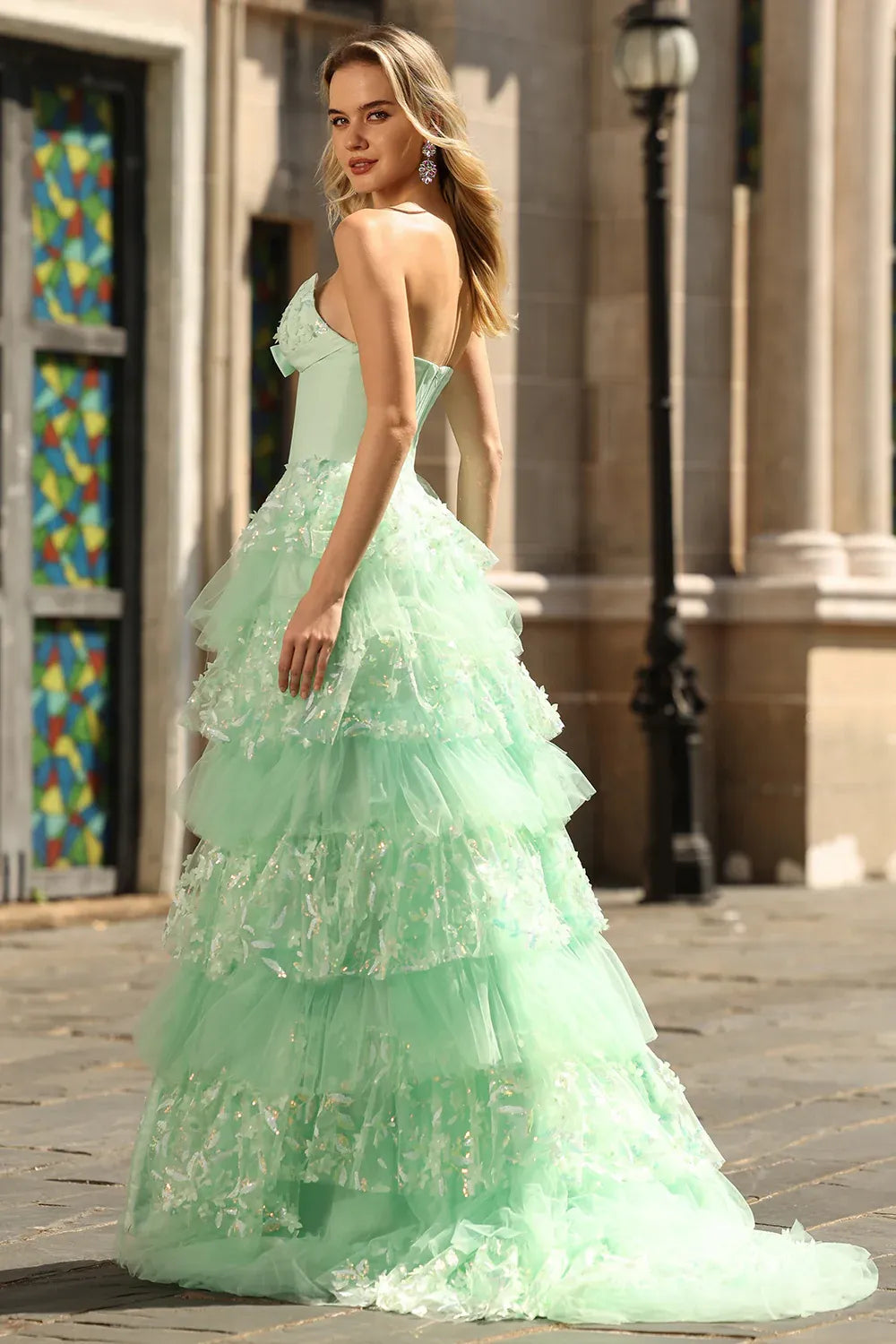 Romantic A Line Strapless Bow Tiered Tulle Sequin Mint Train Prom Dress With Slit