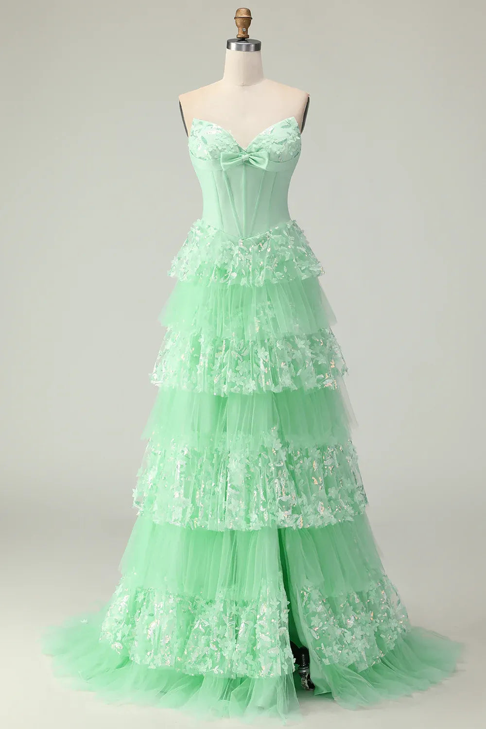 Romantic A Line Strapless Bow Tiered Tulle Sequin Mint Train Prom Dress With Slit