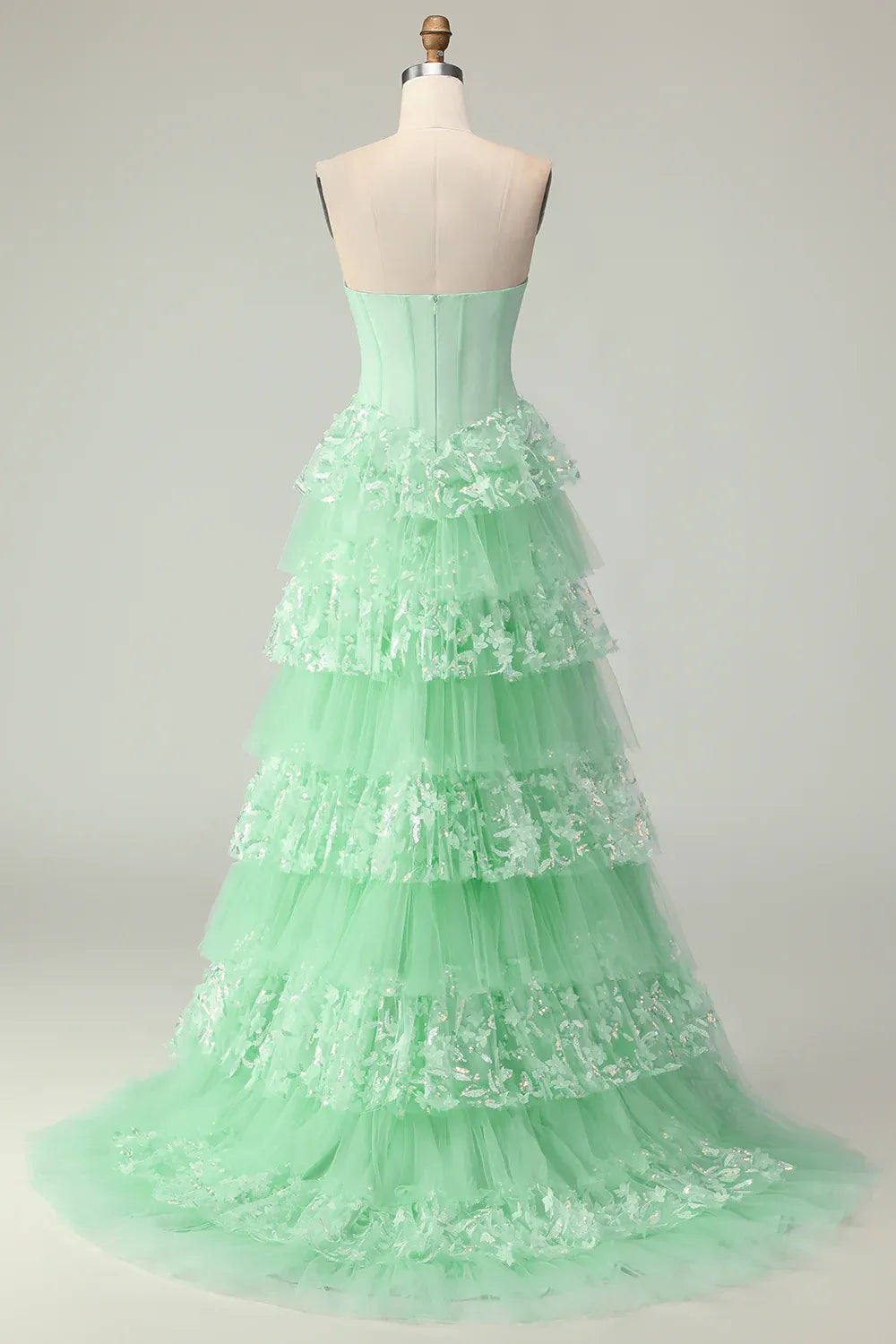 Romantic A Line Strapless Bow Tiered Tulle Sequin Mint Train Prom Dress With Slit