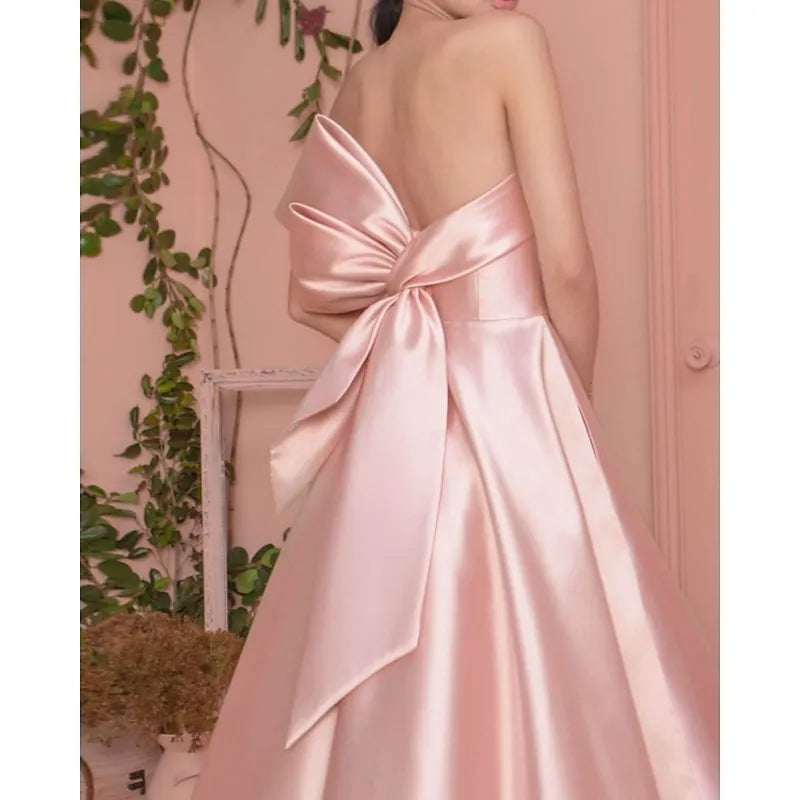 Romantic Ball-Gown Strapless Sleeveless Bow-Back Dusty Pink Floor-Length Prom Dress With Pocket