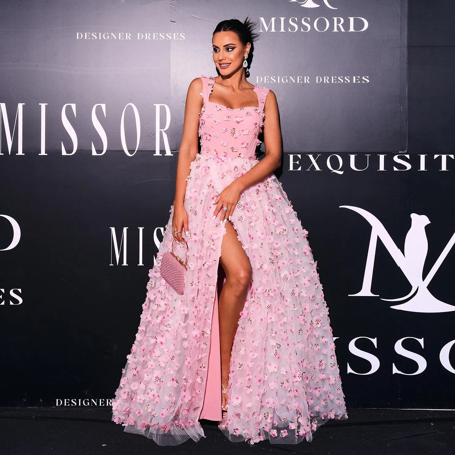 Romantic A-Line Square Neck 3D Floral Applique Pink Floor Length Evening Dress For Sale