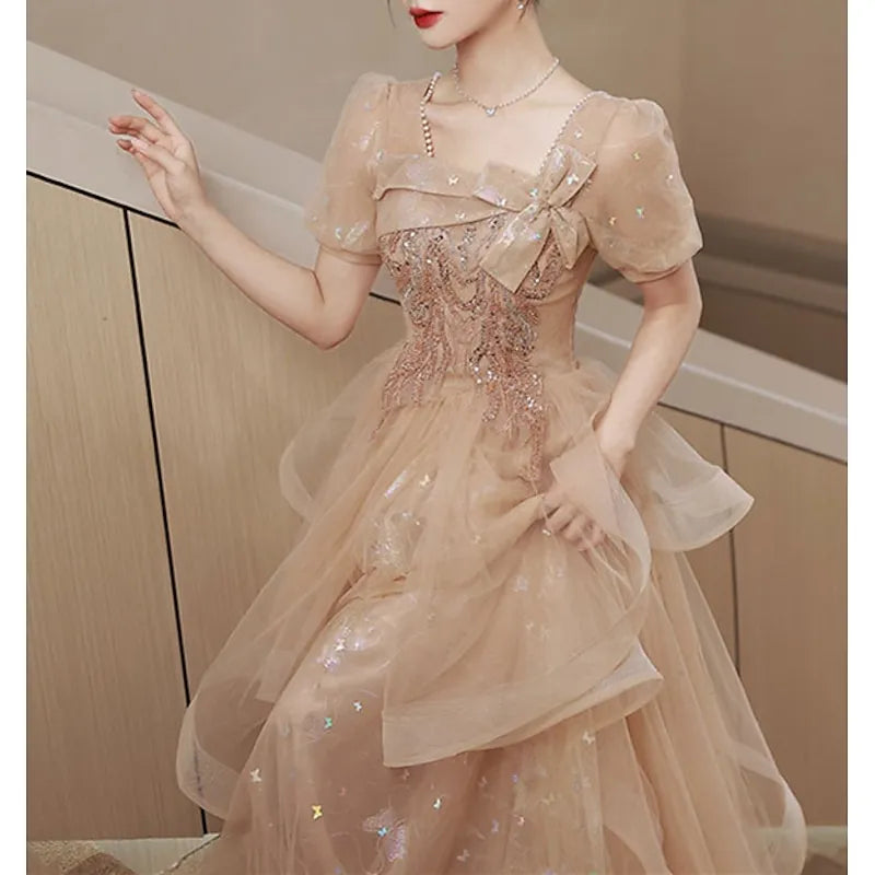 Romantic Ball Gown Square Neck Puff Sleeve Sequin Champagne Long Prom Dress For Women Hot Sale