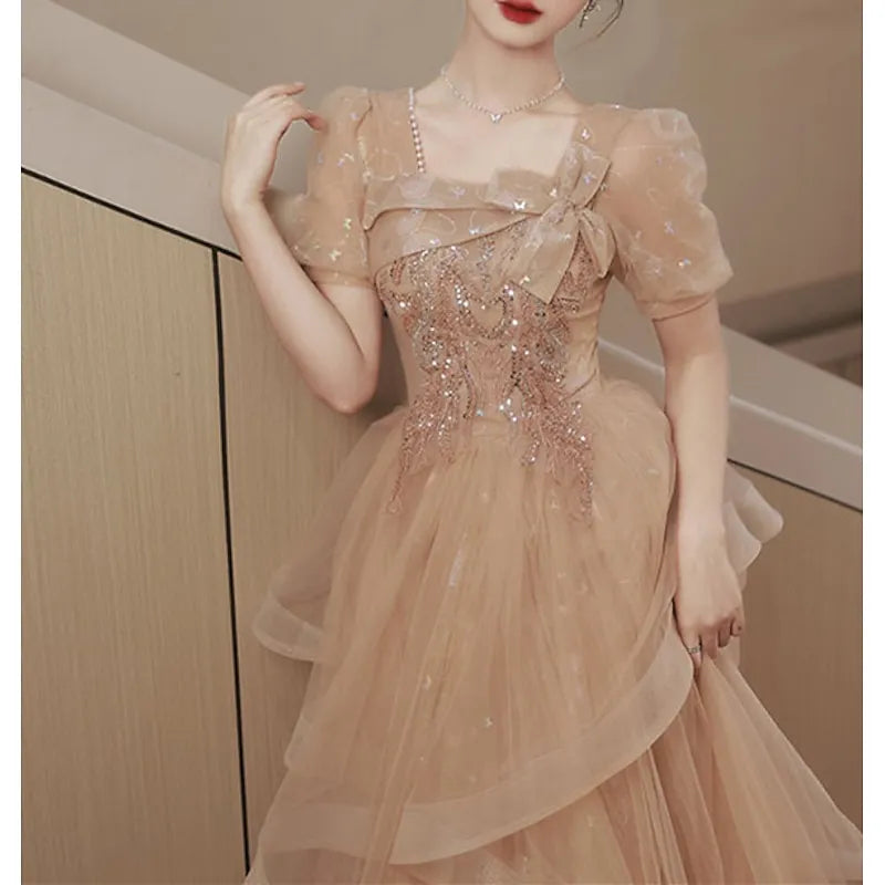 Romantic Ball Gown Square Neck Puff Sleeve Sequin Champagne Long Prom Dress For Women Hot Sale
