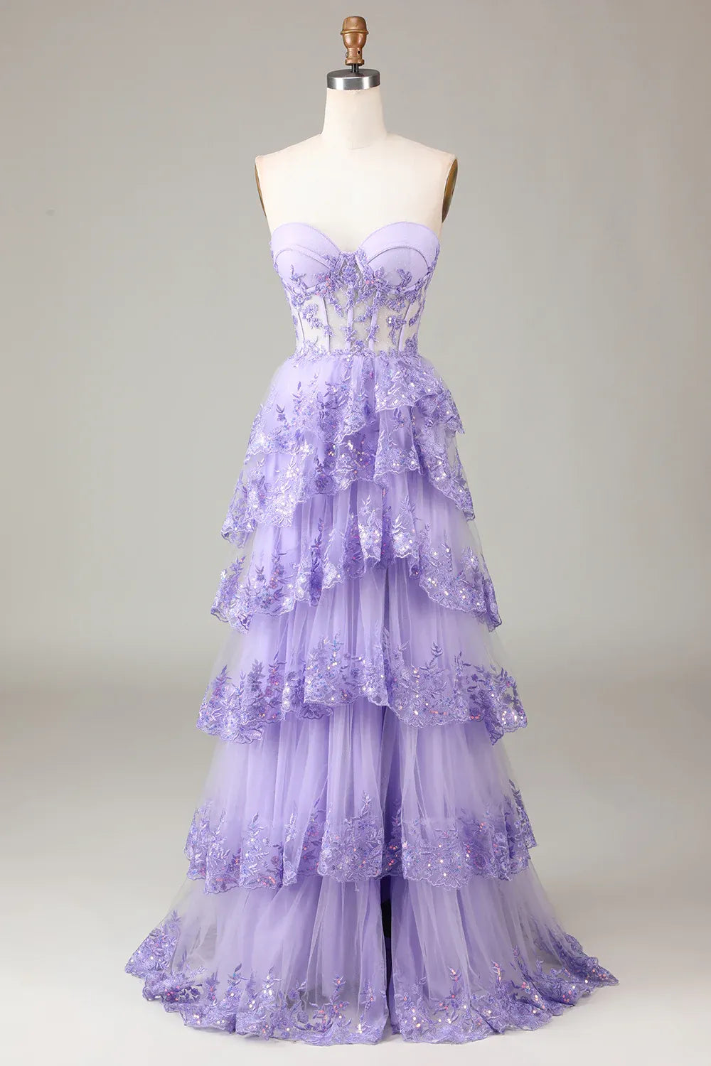 Romantic Ball Gown Sweetheart Ruffle Sequin Tulle Lavender Maxi Prom Dress