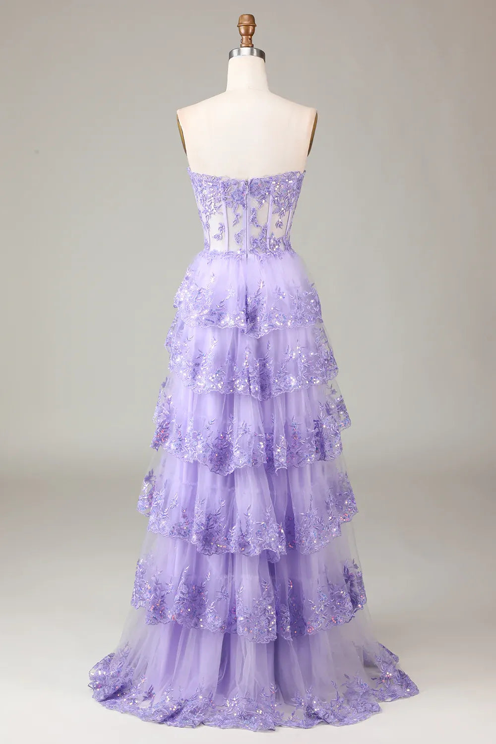Romantic Ball Gown Sweetheart Ruffle Sequin Tulle Lavender Maxi Prom Dress