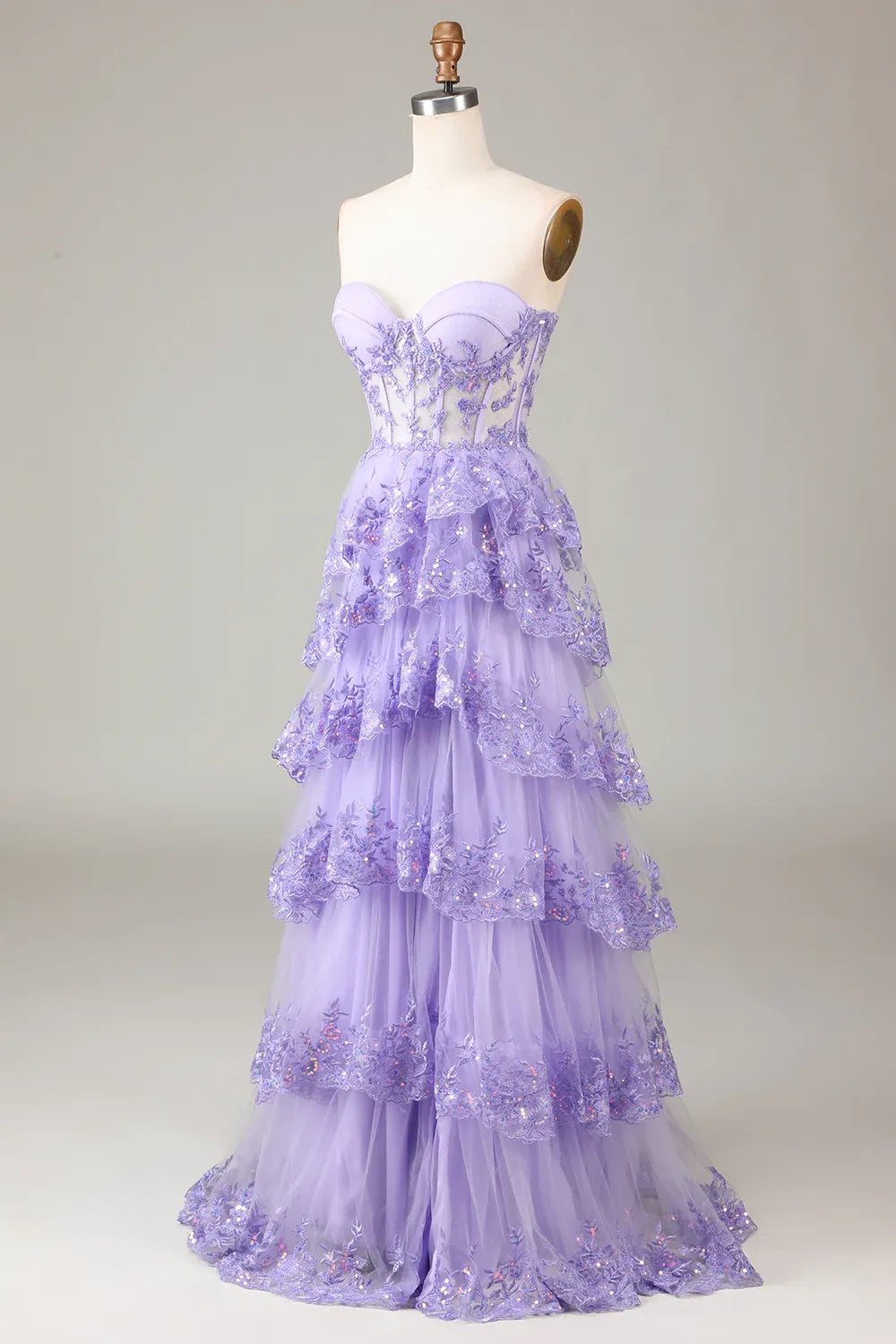 Romantic Ball Gown Sweetheart Ruffle Sequin Tulle Lavender Maxi Prom Dress