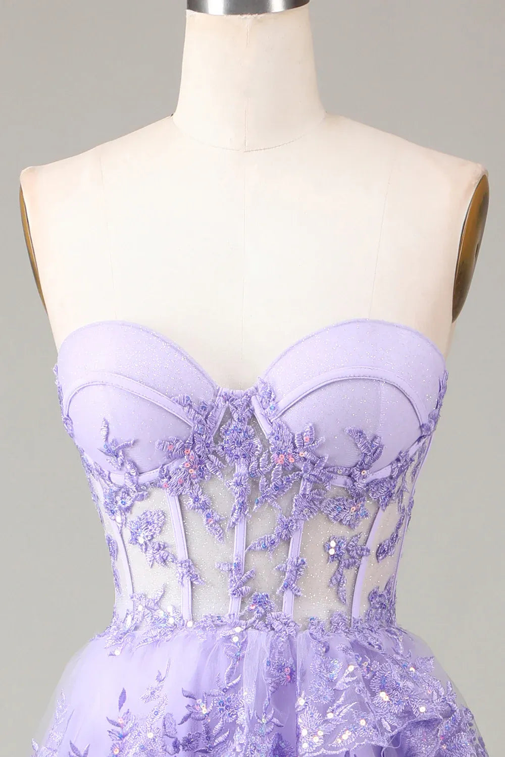 Romantic Ball Gown Sweetheart Ruffle Sequin Tulle Lavender Maxi Prom Dress