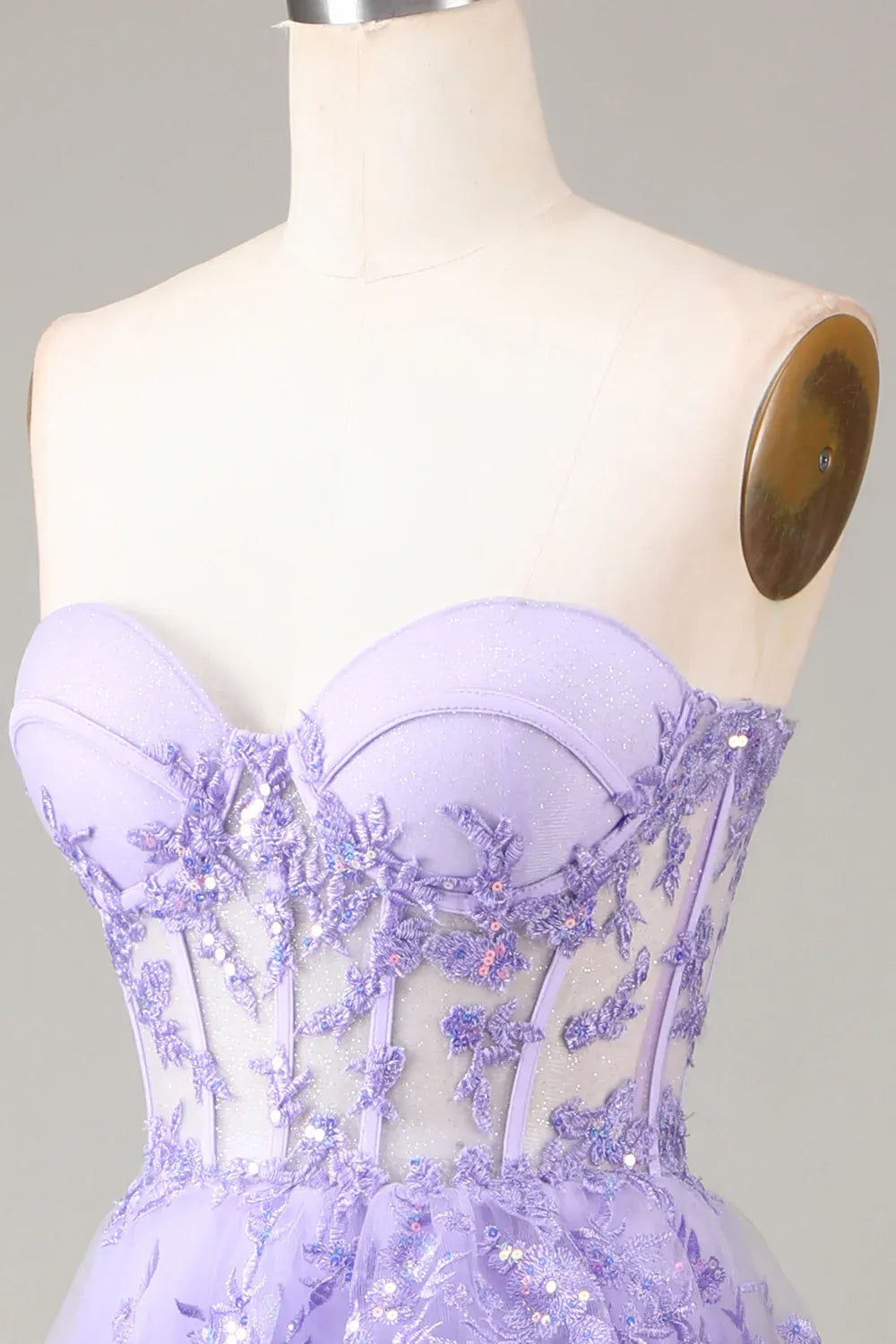 Romantic Ball Gown Sweetheart Ruffle Sequin Tulle Lavender Maxi Prom Dress